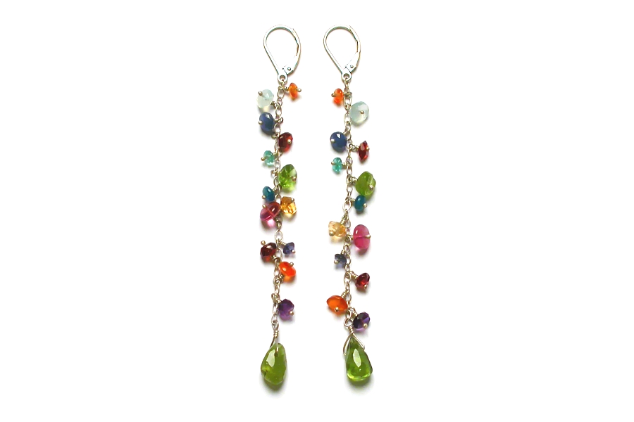 multicolour long dangle with peridot drop earrings   $140.00   item 04-008 