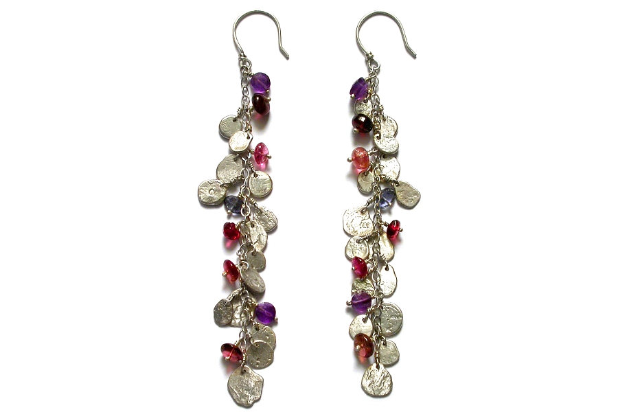 silver mini-disc, amethyst, pink tourmaline, garnet & iolite charm earrings   $260.00   item 04-173 