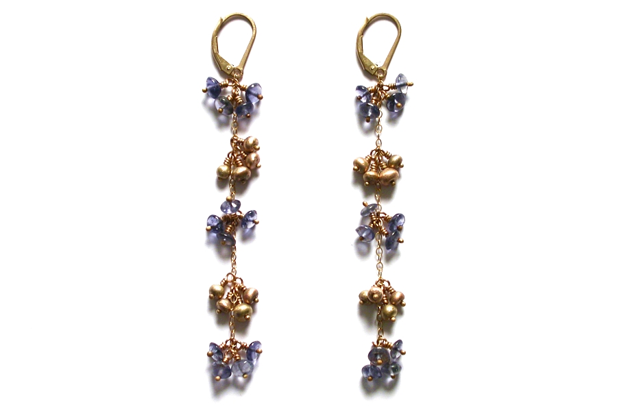 gold mini-nugget & iolite 'bunches' earrings   $295.00   item 04-458 