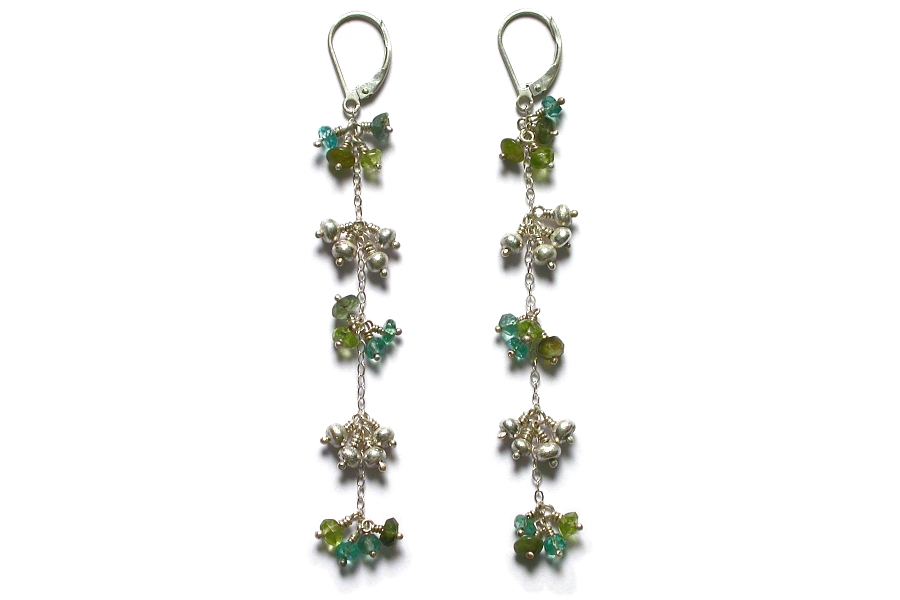 silver mini-nugget, apatite, peridot and tourmaline 'bunches' earrings   $150.00   item 04-477 