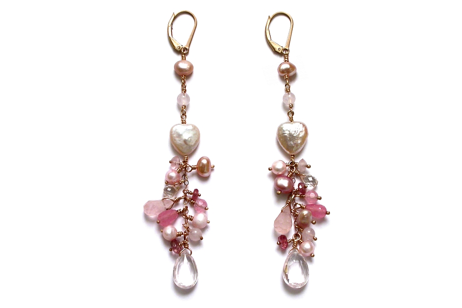 freshwater pearl, pink jade, rose quartz, pink aquamarine, morganite & pink tourmaline on gold gypsy earrings   $295.00   item 05-129 