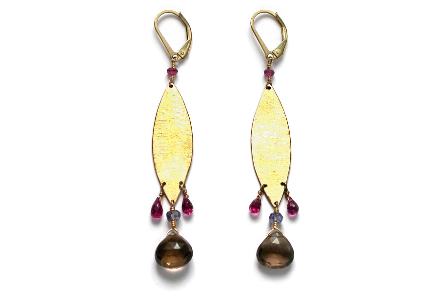 large flat 10K gold marquis, garnet, iolite & smoky quartz earrings   $210.00   item 06-111 