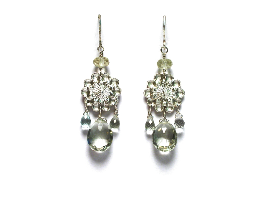 silver indian flower, lemon quartz & green amethyst dangle earrings   $295.00   item 07-130 