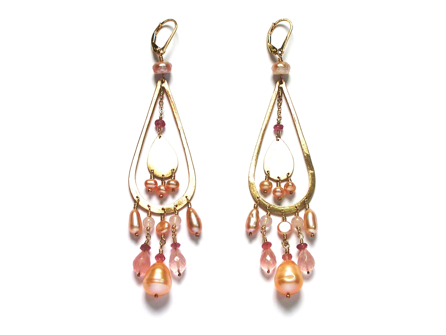 extra-fancy gold drop with rose quartz, freshwater pearl and pink tourmaline earrings   $395.00   item 07-165 