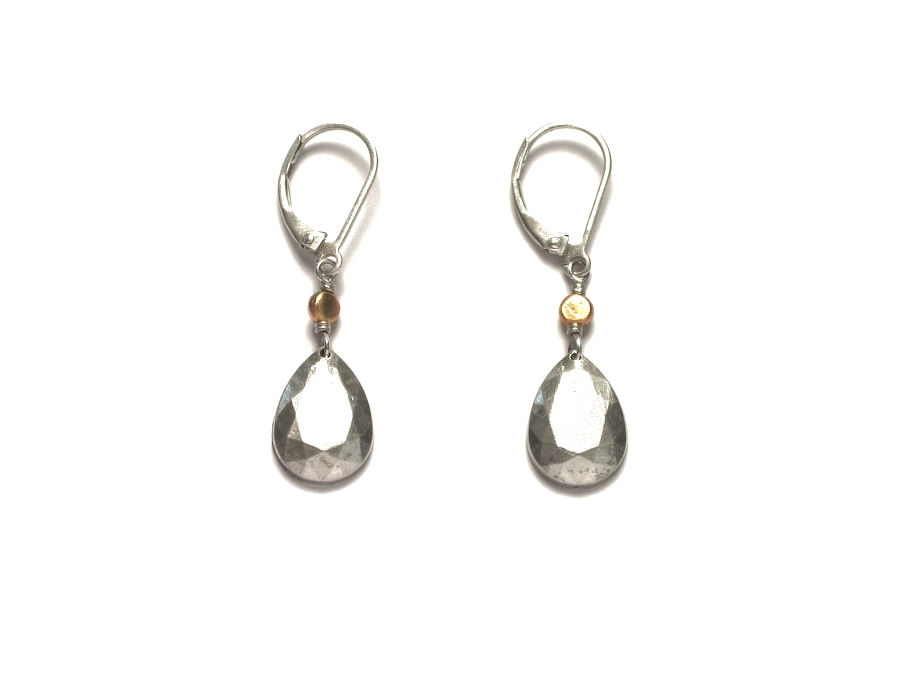 faceted silver teardrop 'gem'  & gold dot earrings   $160.00   item 07-234 