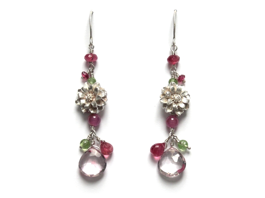 cast silver dahlia, peridot, pink sapphire, tourmaline & quart dangle earrings   $220.00   item 10-112 