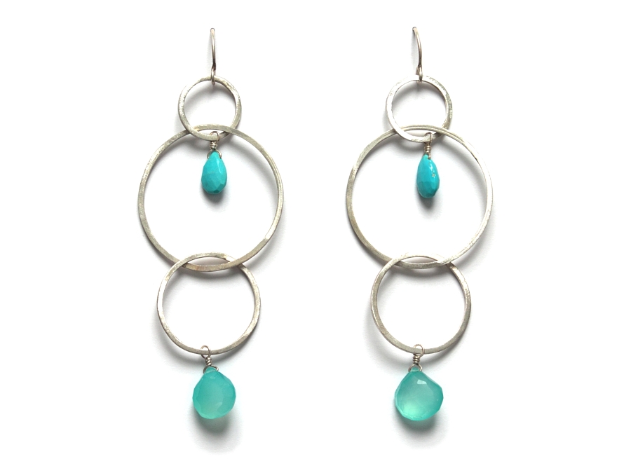 large silver triple link, turquoise & chalcedony earrings   $180.00   item 10-132 
